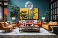 Living room vintage charm, antique furniture and decor elements, bright colors and bold geometric patterns
