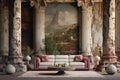 a living room with a vintage sofa set, placed between two ornate stone columns