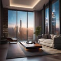 A living room with walls made of smart glass displaying ever-changing futuristic cityscapes3