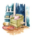 Living room watercolor interior sketch, a cozy corner with armchair by the window