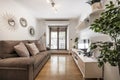 Living room with white bookcase, artificial decorative plants,