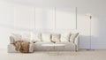Living room with a white couch, table, floor lamp and mockup pictures. 3D render.