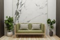 Living room with white marble walls is empty, decorated with plant pots on the side and a sofa on the wooden floor.3d rendering Royalty Free Stock Photo