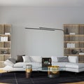 Living room with white sofa and bookshelf empty wall mockup