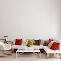 Living room with white sofa  colorful pillows and white coffee table  empty wall mockup Royalty Free Stock Photo