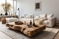 Living room with white sofa and heavy wooden table on white fluffy carpet