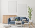 Living room on the white wall background, minimal style ,frame form mock up