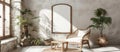 A living room with a wicker chair, table, and mirror Royalty Free Stock Photo