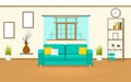 Living room with windows, curtains, sofa, pillows, picture frame, shelf, cactus, books and a vase with dry twigs. Flat style. Royalty Free Stock Photo