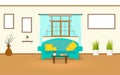 Living room with windows, curtains, sofa, pillows, picture frame, table, cactus, books and a vase with dry twigs. Flat style. Royalty Free Stock Photo