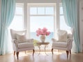 A living room with 2 wingback chairs with stained wood legs in front of a large window overlooking the ocean.