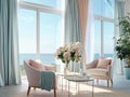 A living room with 2 wingback chairs with stained wood legs in front of a large window overlooking the ocean.