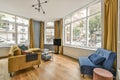 a living room with yellow furniture and large windows