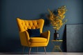 Living room with yellow armchair on empty dark blue wall background, Royalty Free Stock Photo