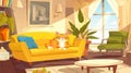 A living room with yellow couch, yellow armchair, and funny tabby kitten rubbing against pillow on sofa. Modern cartoon Royalty Free Stock Photo