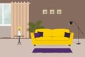 Living room with a yellow sofa and purple pillows Royalty Free Stock Photo