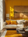 a living room with yellow walls and a white couch