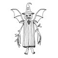 Living scarecrow with pumpkin head & bat wings, logo or emblem for Halloween holiday Royalty Free Stock Photo