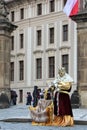 Prague, Czech Republic, January 2015. Living statue of the Czech king in the courtyard of the royal palace.