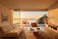 Living villa interior sunset. Generate Ai Royalty Free Stock Photo