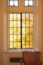 Livingroom with big window and fall leaves in the backround