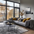 A livingroom with a grey lounge sofa, with great windows and and a view of the autumn