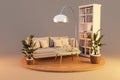 livingroom interior design isolated on wooden podest and infinite background couch and bookshelf 3D rendering