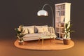 livingroom interior design isolated on wooden podest and infinite background couch and bookshelf 3D rendering