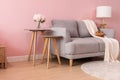 Livingroom interior with grey velvet sofa on pink wall background