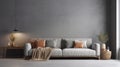 Livingroom interior wall mock up with gray fabric sofa and pillows