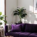 Livingroom interior wall mock up with violet velvet sofa, plant in vase and coffee table on empty white background. ing. Royalty Free Stock Photo