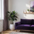 Livingroom interior wall mock up with violet velvet sofa, plant in vase and coffee table on empty white background. ing. Royalty Free Stock Photo