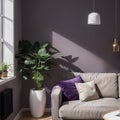 Livingroom interior wall mock up with violet velvet sofa, plant in vase and coffee table on empty white background. ing. Royalty Free Stock Photo