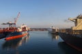 Container terminal with stowed containers from different shippers gantry cranes and straddle carriers Royalty Free Stock Photo