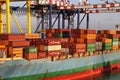 Container terminal with stowed containers from different shippers gantry cranes and straddle carriers