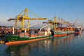 Container terminal with stowed containers from different shippers gantry cranes and straddle carriers
