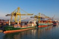Container terminal with stowed containers from different shippers gantry cranes and straddle carriers in Livorno. Royalty Free Stock Photo