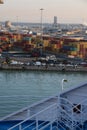 Container terminal with stowed containers from different shippers gantry cranes and straddle carriers Royalty Free Stock Photo