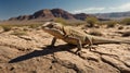 Desert Lizard Close-Up on Rocky Terrain with Mountain Backdrop Under Bright Blue Sky Royalty Free Stock Photo