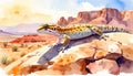 Lizard basking on warm desert rock with distant cliffs under bright clear blue sky and sunlight Royalty Free Stock Photo