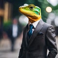 a lizard in a business suit and tie is posed for the camera