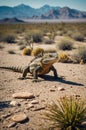 Desert Dweller: Close-Up of Spiny Lizard in Arid Landscape with Distant Mountains Royalty Free Stock Photo