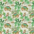 Lizard with green tropical leaf seamless pattern. Royalty Free Stock Photo