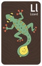 Lizard L letter. A-Z Alphabet collection with cute cartoon animals in 2D. Green lizard crawling with tail holding a