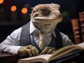 Lizard lawyer reading book under natural light