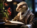 Lizard lawyer reading book under natural light