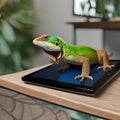 A lizard lounging on a tablet, watching a nature documentary about reptiles3