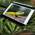 A lizard lounging on a tablet, watching a nature documentary about reptiles4