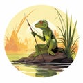 Colorful Lizard Fishing In Traditional Landscape Style Illustration Royalty Free Stock Photo