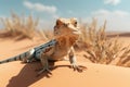A lizard perched calmly atop a sandy dune, basking in the warm sunlight, View of a lizard, a reptile in the Sahara desert, AI